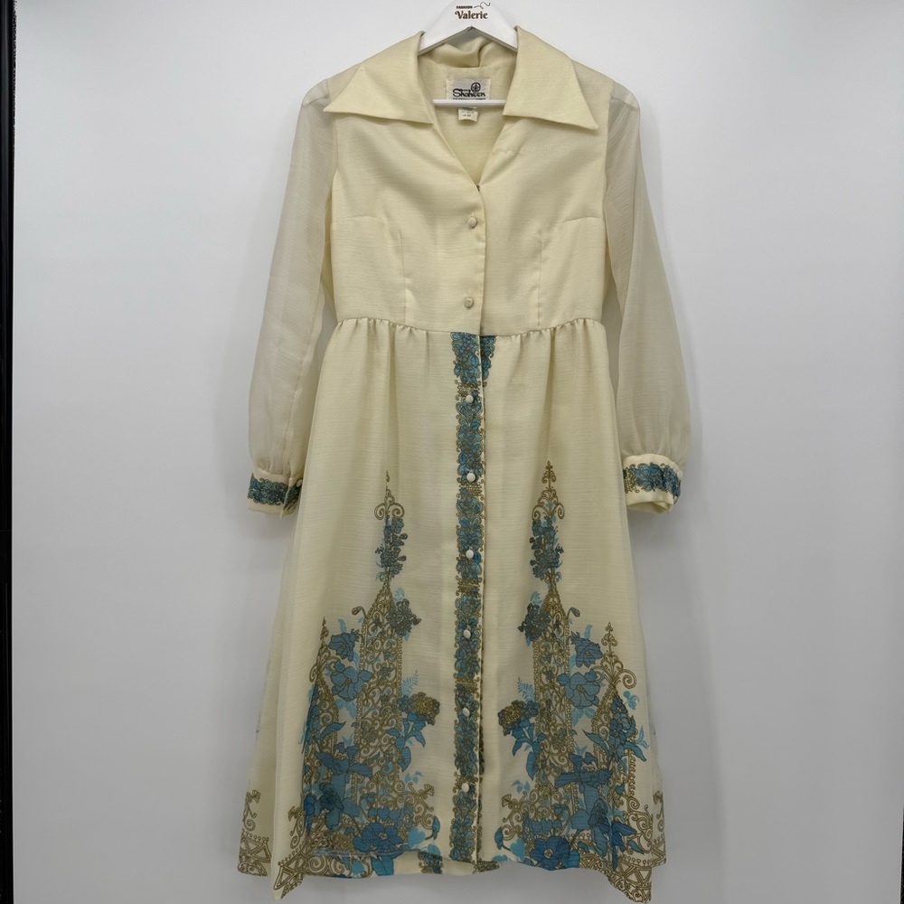 Alfred Shaheen Cream Blue Pattern Hawaii Vintage 70s Midi Dress Size 10 USA